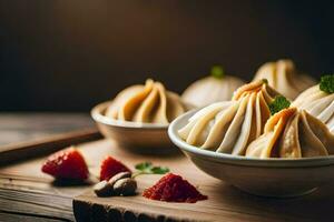 a bowl of dumplings with strawberries and nuts. AI-Generated photo