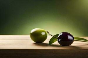 two green and red olives on a wooden table. AI-Generated photo