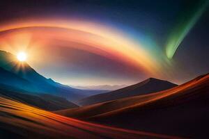 a rainbow over a mountain range with a sun shining. AI-Generated photo