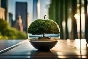 a tree in a glass bowl on a table. AI-Generated photo