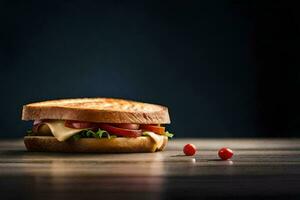 a sandwich with cheese, tomatoes and lettuce on a wooden table. AI-Generated photo