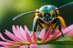 a close up of a colorful insect on a pink flower. AI-Generated photo