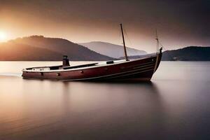 a boat sits on the water at sunset. AI-Generated photo