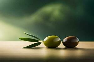 two olives on a wooden table with a green background. AI-Generated photo