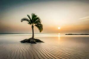 a lone palm tree stands on a sandy beach at sunset. AI-Generated photo