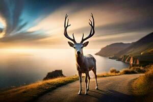 a deer stands on the road at sunset. AI-Generated photo