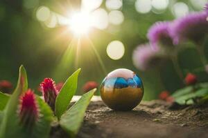 a colorful egg sits on the ground surrounded by flowers. AI-Generated photo