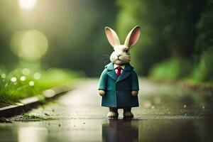 a rabbit in a suit and tie standing on a wet road. AI-Generated photo