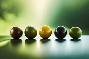 five olives are lined up in a row. AI-Generated photo