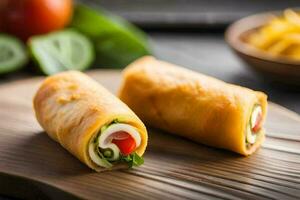 dos rollos con vegetales y queso en un de madera corte tablero. generado por ai foto