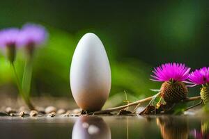 an egg sitting on the ground next to purple flowers. AI-Generated photo