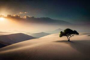 a lone tree stands in the middle of a desert. AI-Generated photo