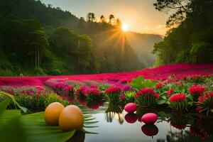 el Dom sube terminado el flores y huevos en el campo. generado por ai foto