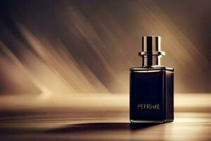 perfume bottle on a table with blurred background. AI-Generated photo