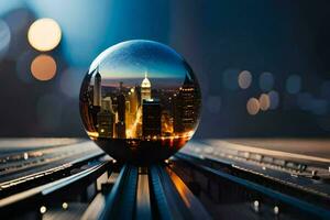 un ciudad en un vaso pelota en un tren pista. generado por ai foto