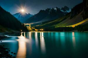 photo wallpaper the sky, mountains, moon, lake, mountains, the moon, the night,. AI-Generated