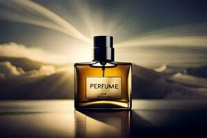 a bottle of perfume sitting on a table with a sun in the background. AI-Generated photo