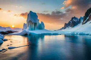 the sun sets over an iceberg in the arctic. AI-Generated photo