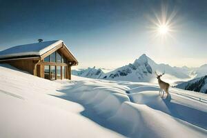 un ciervo soportes en frente de un cabina en el nieve. generado por ai foto