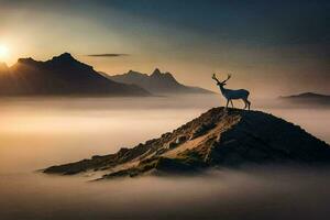 un ciervo soportes en parte superior de un montaña a amanecer. generado por ai foto