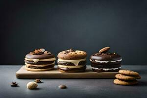 three chocolate and vanilla cookies on a wooden tray. AI-Generated photo