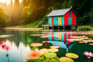 vistoso casa en lago rodeado por agua lirios generado por ai foto