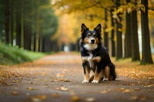 a dog sitting on the road in the fall. AI-Generated photo