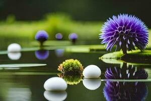 a pond with water lilies and balls of different colors. AI-Generated photo