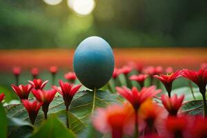 a blue egg is sitting on top of a flower. AI-Generated photo