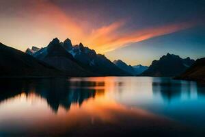 un montaña rango es reflejado en un lago a puesta de sol. generado por ai foto