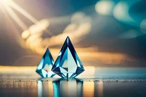 two blue diamond shaped objects sitting on a table. AI-Generated photo