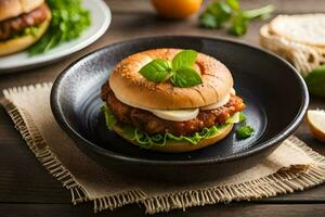 un hamburguesa con queso y lechuga en un negro lámina. generado por ai foto