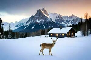 a deer stands in front of a cabin in the snow. AI-Generated photo