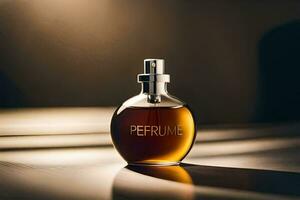 a bottle of perfume sitting on a table. AI-Generated photo