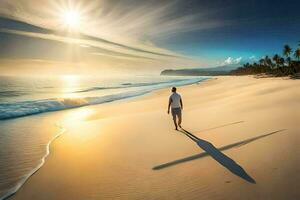 hombre caminando en el playa a puesta de sol. generado por ai foto