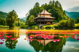 a pagoda sits on the water surrounded by flowers. AI-Generated photo