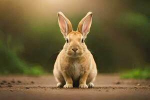 a rabbit sitting on the ground in front of a green background. AI-Generated photo