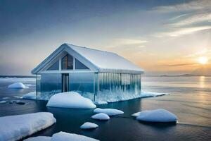 un pequeño casa sentado en parte superior de un hielo témpano de hielo. generado por ai foto