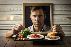 a man holding a plate with food and a picture of himself. AI-Generated photo