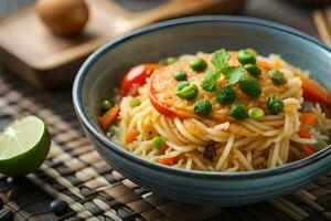 a bowl of noodles with vegetables and a lime. AI-Generated photo