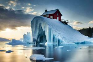 un casa en un iceberg en el medio de el océano. generado por ai foto