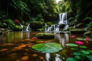 cascada en el selva con loto flores generado por ai foto