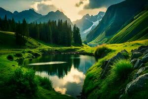 un hermosa montaña paisaje con un río y césped. generado por ai foto