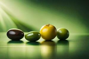 three green and yellow olives on a table. AI-Generated photo