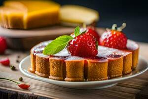 a strawberry cheesecake on a plate. AI-Generated photo