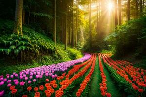 un campo de tulipanes con Dom brillante mediante el arboles generado por ai foto