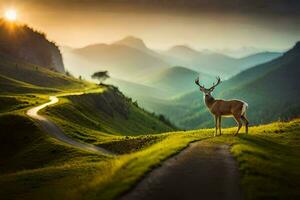 a deer stands on the road in the mountains. AI-Generated photo
