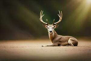 a deer with large antlers sitting on the ground. AI-Generated photo