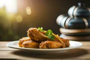 pollo alas en un plato con un vaso de cerveza. generado por ai foto