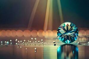 a diamond is sitting on a table with water drops. AI-Generated photo